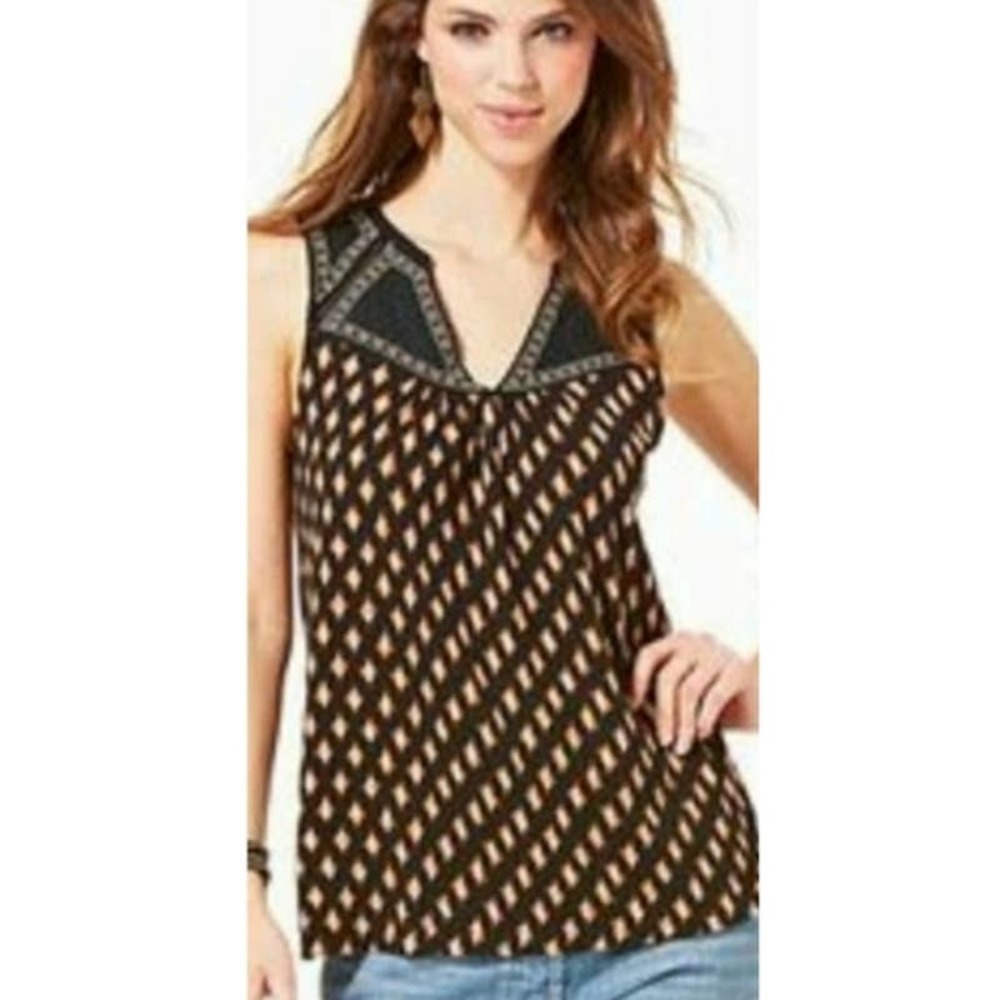 LUCKY BRAND Top Sleeveless Ikat Cotton Eyelet Embroidered Geo Print Black S
